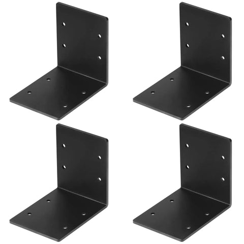 4 Pack Tough As Nails L Angle Brackets Black Steel Corner Supports For Wood Framing Pre Drilled Low Carbon Steel Construction Hardware Pro Builder Diy Gear displaying four black metal L brackets with pre-drilled holes.