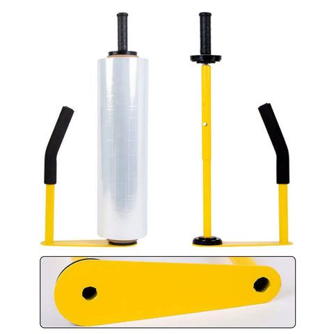 Solid Workhorse Handheld Stretch Film Dispenser With Adjustable Roll Height And Quick Tension Dial For Pallet Wrapping, yellow steel frame.