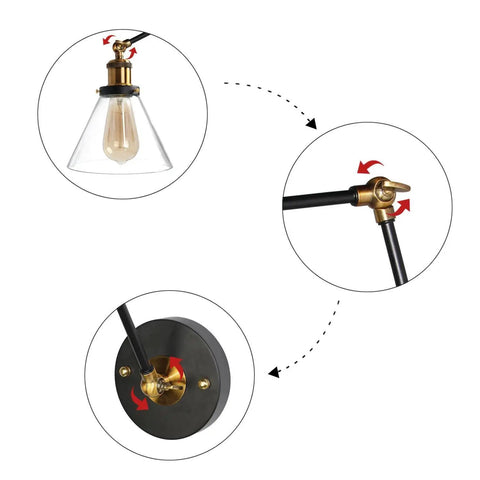 Black And Gold Glass Swing Arm Wall Sconce, Adjustable details with clear glass shade and dope steel frame, industrial style.