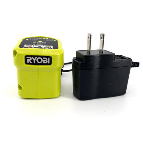 Cordless 4 Inch Clamp Fan Kit With 18V Ryobi Battery, Charger, And Pocket Flashlight components, shown with battery and charger.