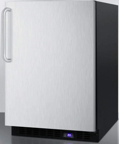 Slick Stainless Steel Under Counter Upright Freezer With Built In Ice Maker And No Sweat Frost Free Design, 24-inch compact size.