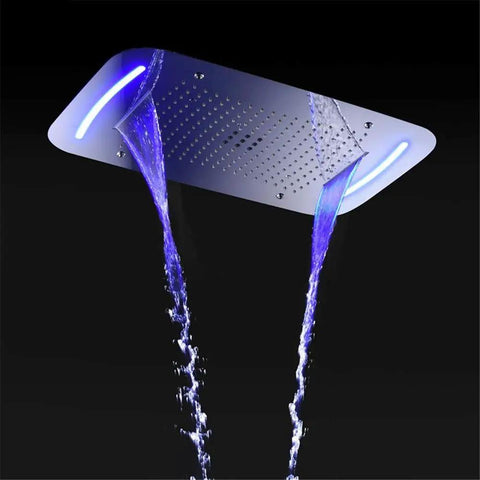 Straight Up Luxury Ceiling Mount Shower System With Remote Led Head And Mist Waterfall Spray Boasting Smart Temp Control And Heavy Duty Rust Proof Body, showcasing LED rain curtain with dual waterfall streams.