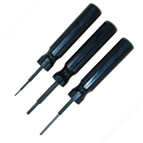 Three black-handled tools from Amphenol Pin Tool Set 553-2700 for Connector Pins and Sockets Includes 553-2697 553-2698 553-2699