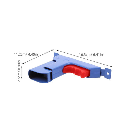 Folding Bed Rail Button Connector With No-Fuss Quick Release Clip, blue metal with red handle, dimensions labeled
