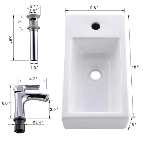 Corner Vessel Sink Kit With Faucet and Drain 18x10 Inch Small White Porcelain Wall Mount Vanity Sink Space Saving Rectangular Hand Wash Basin