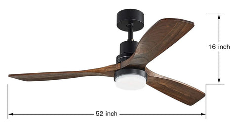 52 Inch Black Ceiling Fan With Lights, Low Profile Farmhouse Style With LED Light Kit, Quiet Motor, 3 Solid Wood Blades, side view.