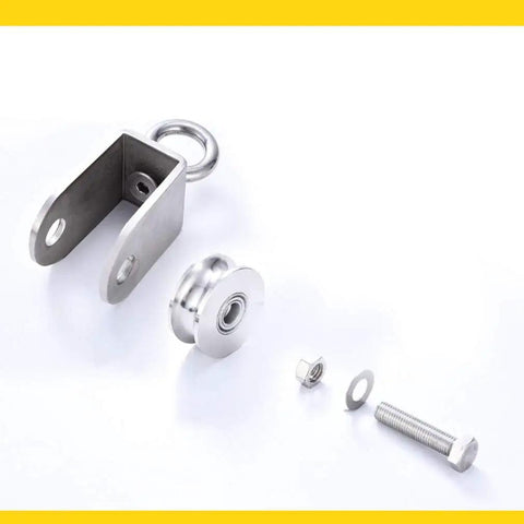 Two Pack V Groove Caster Wheels Beast Mode Heavy Duty Track Pulley System 304 Stainless Steel rollers and hardware components.