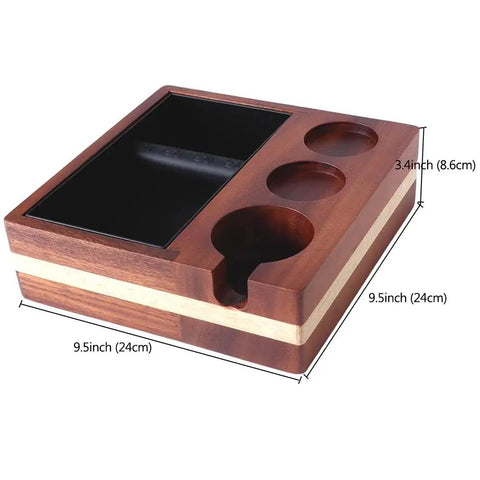 All In One Barista Grade Coffee Knock Box With 58mm Tamper, Distributor Holder, Portafilter Stand And Tamper Holder Station in walnut wood, showing dimensions.