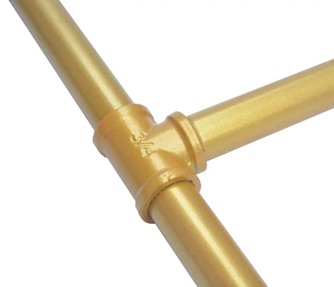 Close-up of Ceiling Mount Gold Shelf Bracket Set For Kitchen Three Pairs U Shape Pipe Brackets In Gold Finish Built For DIYers.