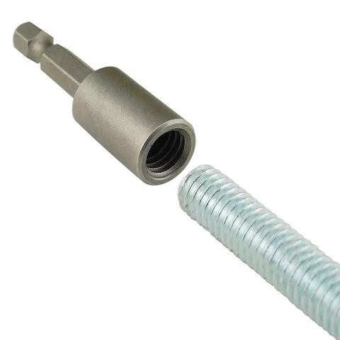 Impact Driver Hanger Bolt Driver Bit Three Eighths Inch By Sixteen Thread shown with threaded rod, hex shank visible