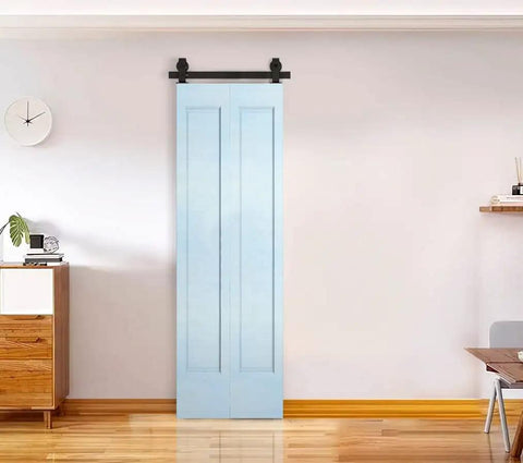 Bi Fold Barn Door Hardware Kit For Two Doors In Matte Black Flat Rail Top Mount Rollers 18 Inch Panel Fit installed view