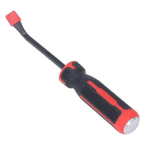 Heavy Duty 8 Inch Pry Bar Set Featuring Curved Hook Head And Integrated Strike Hammer End With Chunky Plastic Grip for auto repair tasks.
