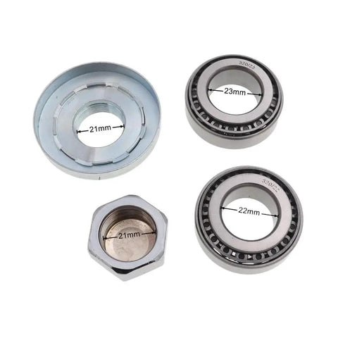 Heavy Duty Steering Head Stem Taper Roller Bearings Direct Replacement Kit For Pit Bike Dirt Bike ATV With 320-23 Specs showing 21mm and 22mm sizes.