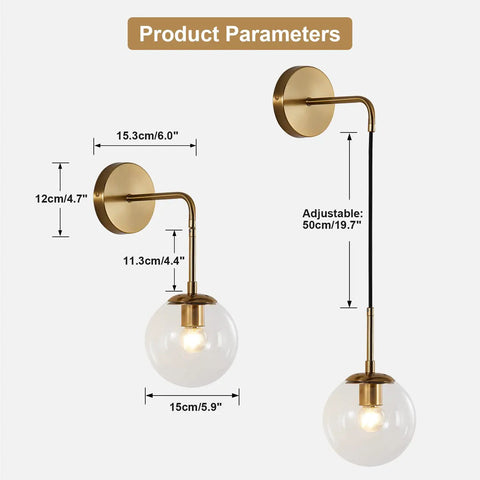 Dimensions of Dope Modern Glass Globe Wall Sconce Set Of Two With Adjustable Cord Brass Finish Minimalist Wall Lights Clear Globe Lamps