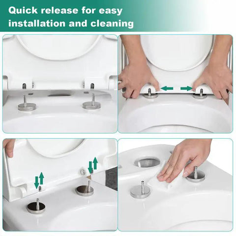 Square White Toilet Seat With Smooth Soft Close And Quick Release Hinges Top Mount Adjustable Fixings No Sweat Cleanup Premium Plastic Lid for easy installation and cleaning.