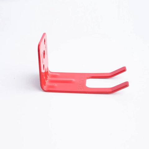 Side view of red Universal Fire Extinguisher Bracket Set For 5 To 13 Lbs Beefy Wall Mount Holder for extinguishers