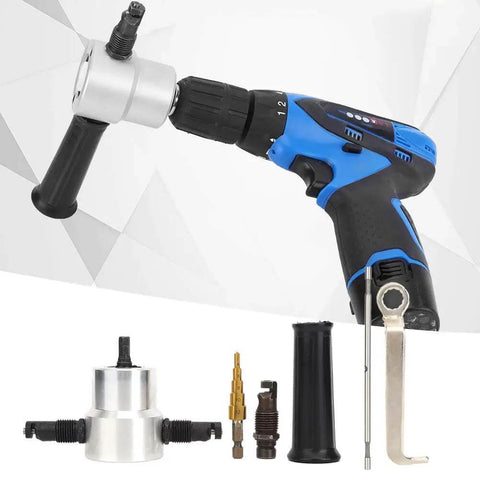 Double Head Metal Nibbler Cutting Kit With Hole Saw Drill Attachment burr-free tool for thin metal sheets, car repair, and metalwork.