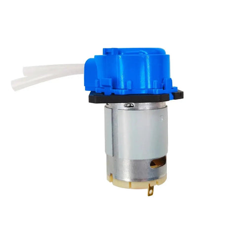 Adjustable 12 Volt 5 Watt Peristaltic Dosing Pump With Automatic Motor Control For Precise Liquid Metering And Chemical Handling Safe For Sensitive Industrial Applications Reliable Performance, blue motor with tubing.