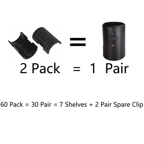 30 Pairs Black Wire Shelving Shelf Lock Clips 60 Pcs Solid No Fuss Replacement For 1 Inch Diameter Posts Heavy Duty Rack Hardware Quick Snap Setup Straight Up Easy Install Tight Grip showing 2 pack and 1 pair illustration.