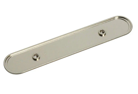 Three Inch Oval Backplate In Brushed Nickel Dope Finish Pack Of Twenty Five For Cabinets Or Doors With Three Mounting Holes And A Slim One Eighth Inch Projection Upgrade Your Space, front view