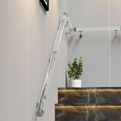 Custom Clear Acrylic Handrail Kit Featuring Sleek Lucite Stair Rails, mounted securely near modern stairs.