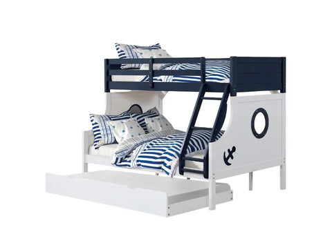 Twin Over Full Bunk Bed With Attached Ladder Upper Bed Rails Lock Joint Safety System Slat Kit Included Blue White Trundle Included For Space Saving Kids Room