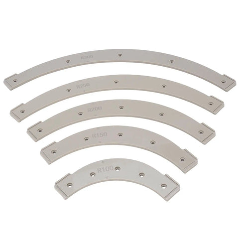 Five Piece Plastic Router Radius Template Set With Removable Jig For Dead Nuts Accurate Woodworking And Sweet Corner Trimming Across Sizes R100 R150 R200 R250 R300 includes curved plastic guides.