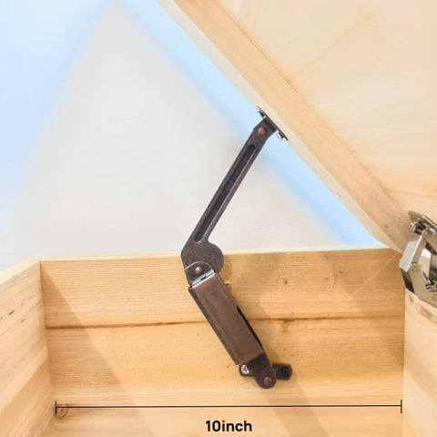 8 Inch Self Balancing Lid Support Hinges Set For Toy Boxes And Cabinets, Left And Right Hand, Spring Action, Red Bronze Finish, Includes Screws, Built Tough, Rustproof Hardware installed in wooden box.