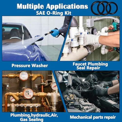 Illustration showing applications of SAE O Ring Kit 407 Pieces in automotive, plumbing, and mechanical repairs.