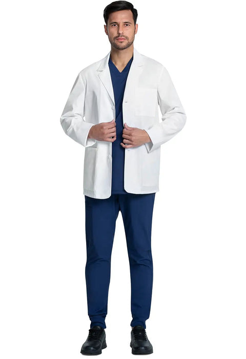 Men's 30 Inch Lab Coat White Consultation Coat With Durable Mechanical Stretch Fabric Modern Fit Notched Lapels For Easy Mobility