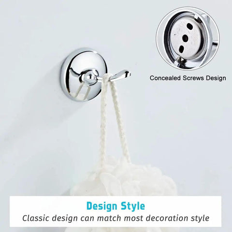 Chrome 4 Piece Bathroom Accessory Set with Adjustable Towel Bar, Spring Loaded Toilet Paper Holder, Wall Mounted Towel Ring and Double Robe Hook - Heavy Duty Zinc Alloy Hardware Must Have for Any Modern Bath showing hook detail