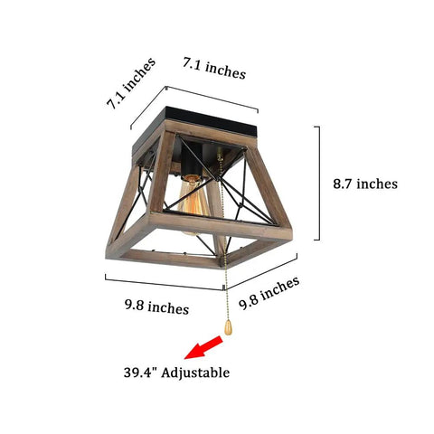 Rustic Wood Farmhouse Ceiling Light With Pull Chain 1 Light Small Square Black Flush Mount dimensions diagram