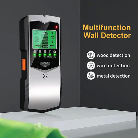 Heavy Duty Stud Finder Wall Scanner With 5 In 1 Smart Sensor displayed on a shelf, showing LCD for wood, wire, and metal detection.