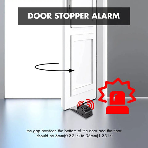 Two Pack Door Stop Alarm Security Tool With 120dB Siren under door, showing installation and alarm activation for extra security