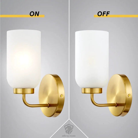 Gold Brushed Brass Wall Sconce Set of 2 with frosted glass shades shown turned on and off