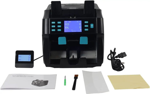 Heavy Duty Dual Pocket Money Counter Machine And Certified Fake Bill Detector With Smooth Multi Currency Sorting And Rapid Serial Scanning No Sweat Cash Sorter with display, manual, and accessories.