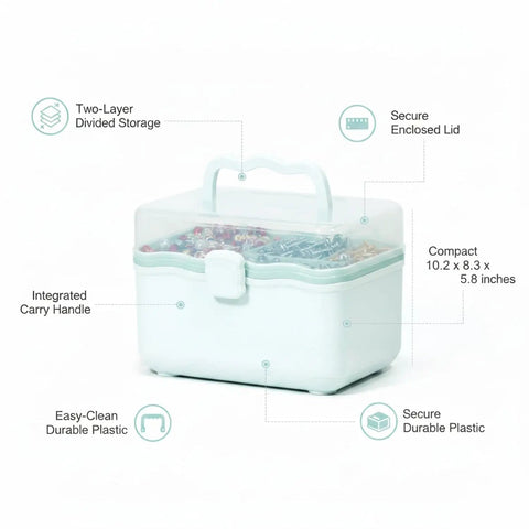 Portable Two Layer Tool Box with handle for hardware beads small parts, green plastic organizer, compact 10.2" x 8.3" x 5.8"