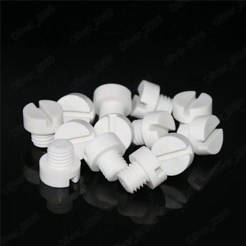 Top Shelf Polypropylene Plastic Slotted Cheese Head Machine Screws Metric M4 M5 M6 M8 M10 M12 Coarse Thread Workhorse Corrosion Proof Non Conductive Heavy Duty Pro Pack Of One Hundred For Garage Hustle, white screws, various sizes, slotted head.