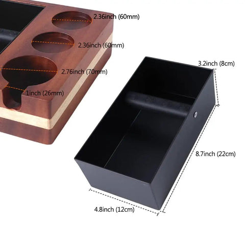 Dimensions of All In One Barista Grade Coffee Knock Box With 58mm Tamper, Distributor Holder, and detachable stainless steel box