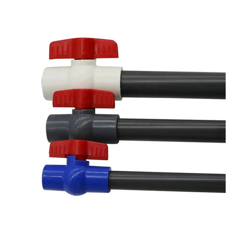 Top Shelf White UPVC Ball Valve With Forty Millimeter Inner Diameter For Quick Plumbing Pipe Switch Swap And Tight Glued Joint Fits That Give You Hella Smooth Flow And Stay Dead Tight Against Leaks For Your Everyday Home Fix Up Tasks on pipes with valve handles.