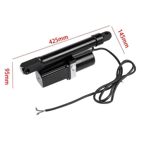 Heavy Duty 12V DC Linear Actuator Eight Inch Stroke 1760 Lbs Force showing dimensions and black metal design for reliable lifting.