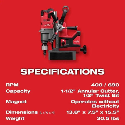 Portable Lineman Magnetic Drill Kit Delivers Kickass Job Site Power Drilling One And Half Inch Metal Cutting Includes Dual Batteries Fast Charger And Slick Base For Zero Hassle Work with specifications visible.