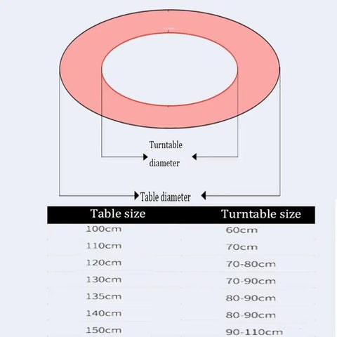 Flawless Finish Tempered Glass Lazy Susan And Smooth Gliding Rotating Serving Tray size chart showing turntable and table diameters.