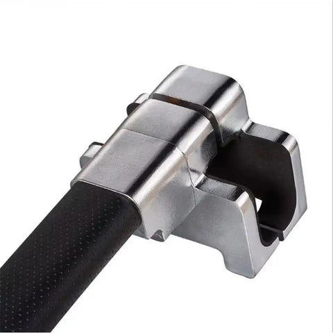 Close-up of heavy gauge steel steering wheel lock securing a black steering wheel for antitheft protection in Chevy Volt.