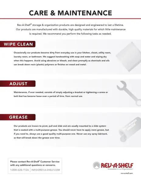Care and maintenance guide for Rev-A-Shelf products, providing cleaning, adjustment, and lubrication instructions.