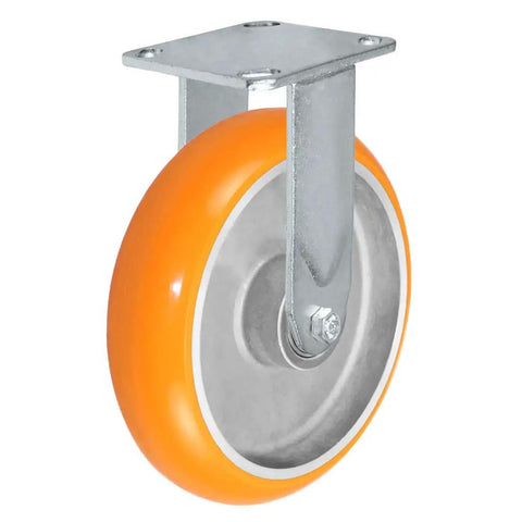 Beast Mode 4 Pack 8 Inch Polyurethane Casters With Orange Tread Non Marking Heavy Duty Rolling Wheels For Factory And Auto Repair close-up of a swivel caster with aluminum core and orange tread