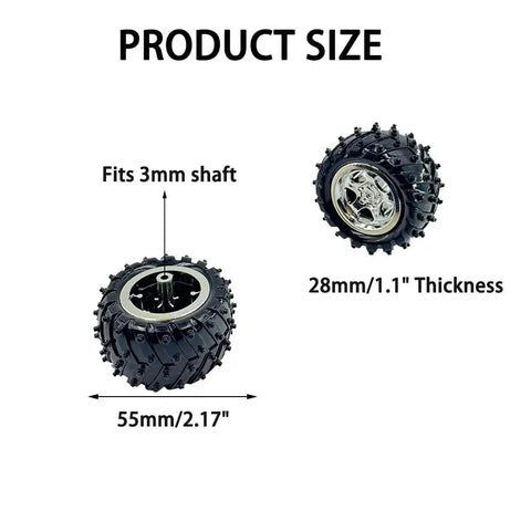 Four Pack Dope Plastic RC Car Wheels With Round Shaft Axles 55mm Diameter 28mm Wide Fits 3mm Shafts Includes 2 Metal Shafts Ideal for DIY Toy Car Truck Robot Build Projects