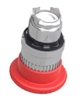 Harmony XB4 Emergency Stop Push Button Head Red Mushroom 40mm with Latching Turn to Release shown with 22mm mounting bezel.