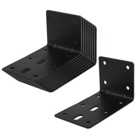 Ten Pack Heavy Duty Four Inch L Brackets Workhorse Steel Corner Braces For Shelf Install And Furniture Fix Slot Bolt Ready Powder Coated Matte Black stacked for visibility.