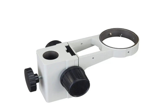 Stereo Microscope Focusing Rack With Standard 76mm Mounting, 3-Inch Focusing Holder, Pro Grade Vertical Travel, Tough Adjustable Positioning For Lab Gear, Education And Research Use, white metal rack with black focus knobs